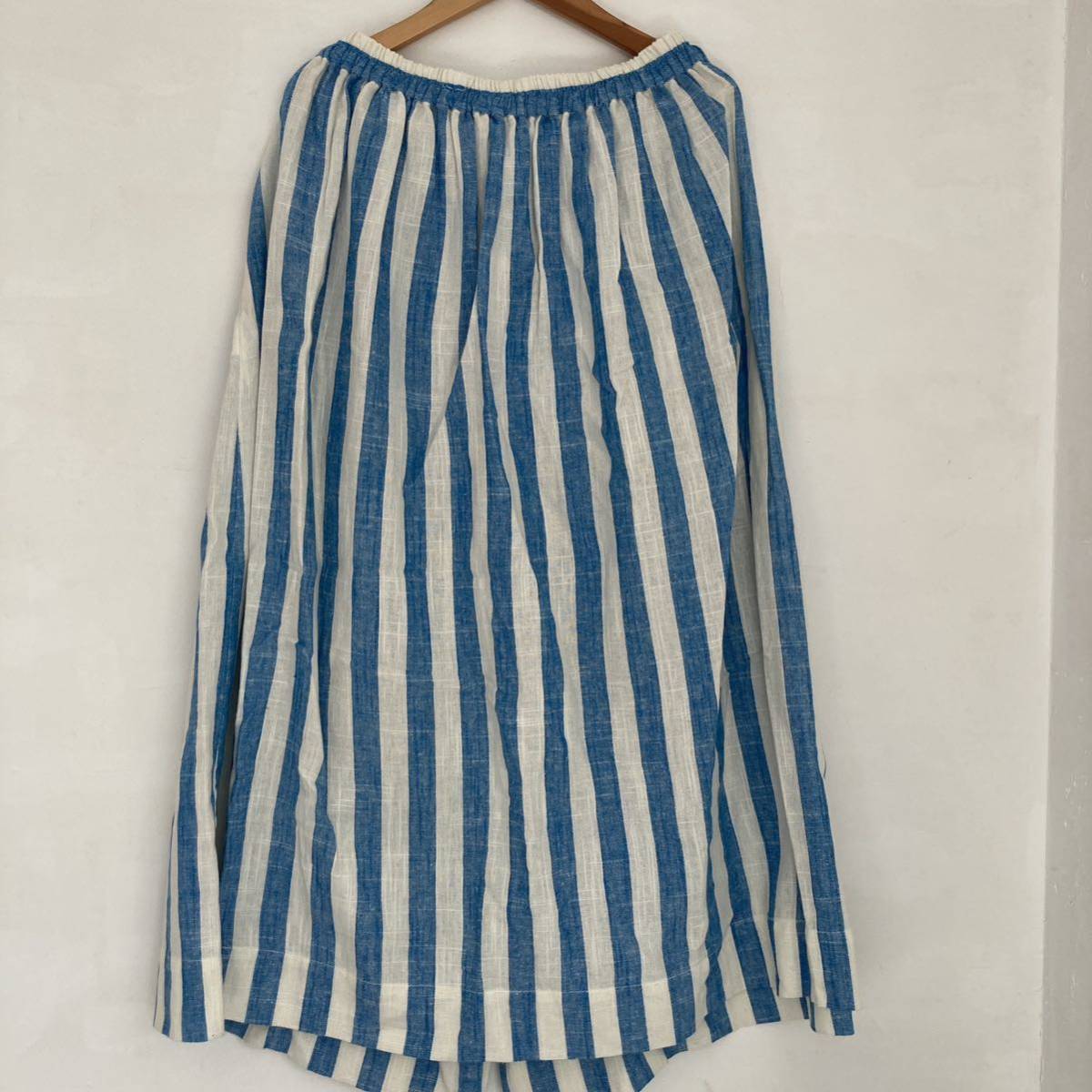 liflati Ships blue white flax entering stripe long skirt gathered skirt waist rubber 