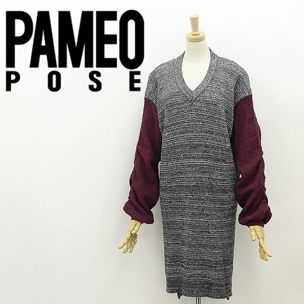 ◆PAMEO POSE パメオ ポーズ シャーリングスリーブ Vネック コットン ニット ワンピース F