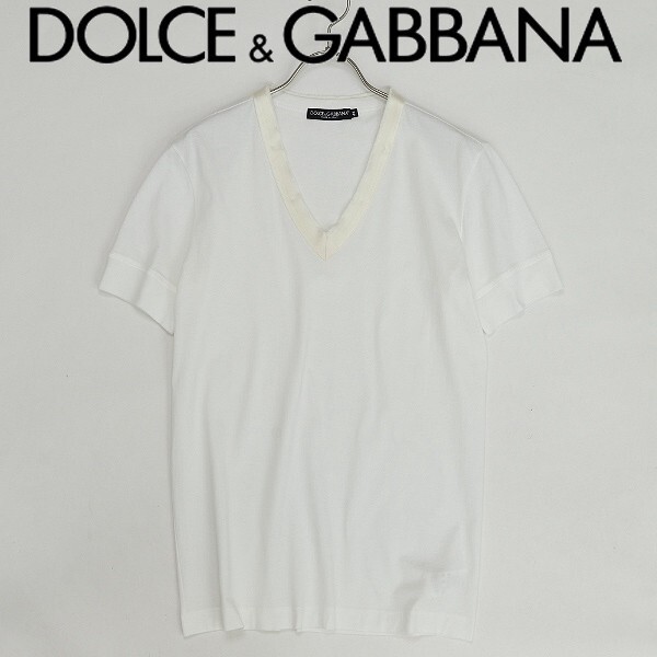 国内正規品◆DOLCE&GABBANA ドルチェ＆ガッバーナ シルク使い コットン Vネック Tシャツ トップス カットソー 白 ホワイト 46_画像1