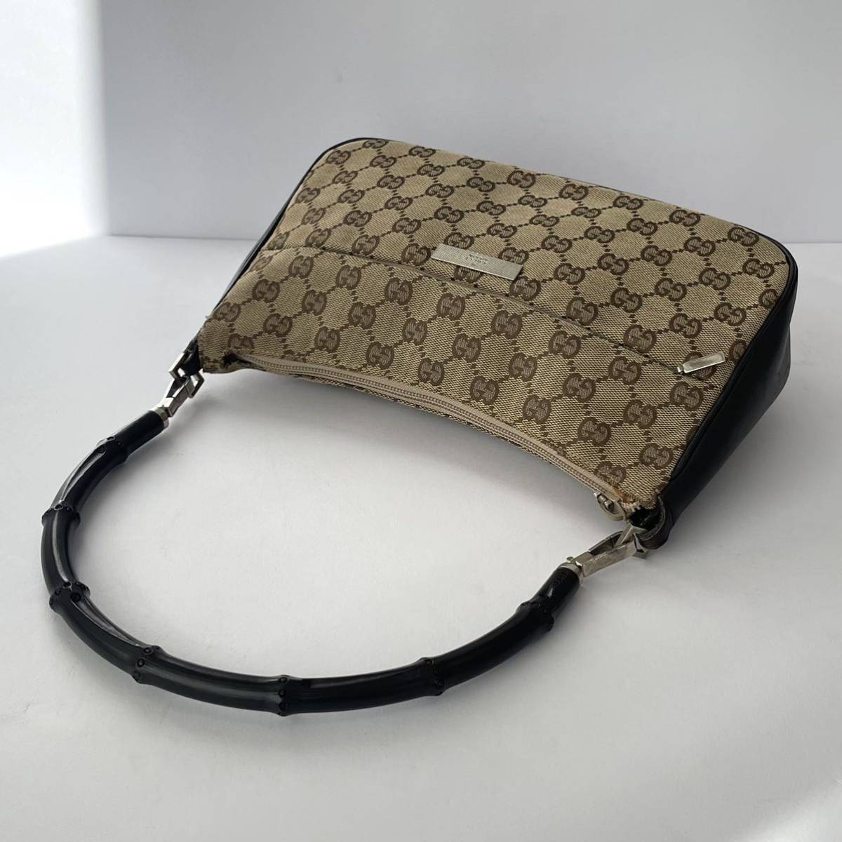 1円 ◎ GUCCI グッチ ハンドバッグ バンブー GGキャンバス レザー 001・3865 001274 プレート金具 ワンショルダー 肩掛け ブラウン系_画像8