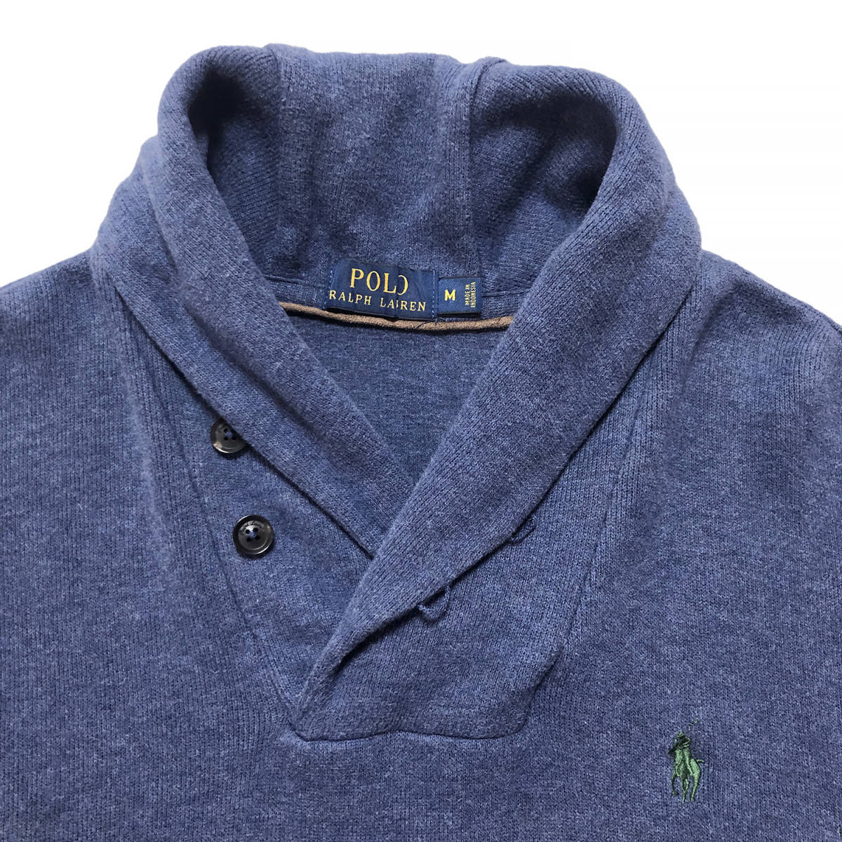 USA 古着 ポロ ラルフローレン コットンニット ショールカラー セーター エルボーパッチ ネイビー メンズM POLO RALPH LAUREN 中古 BJ0689_画像3