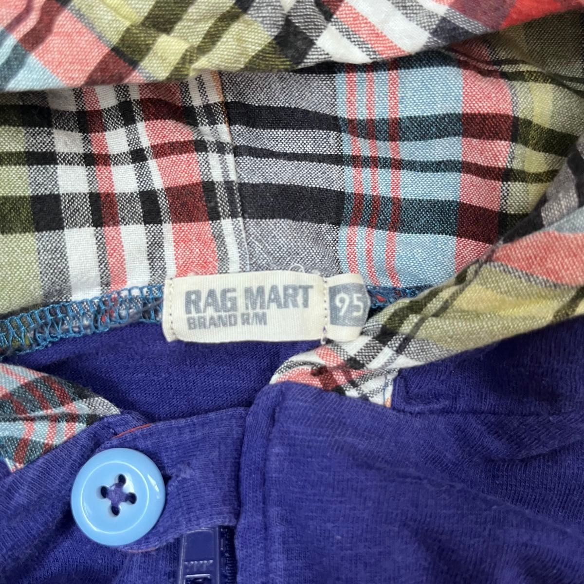 【size95】RAGmart 長袖　パーカー　内側チェック柄　 子供服 キッズ パーカー 男女兼用 ジップアップ