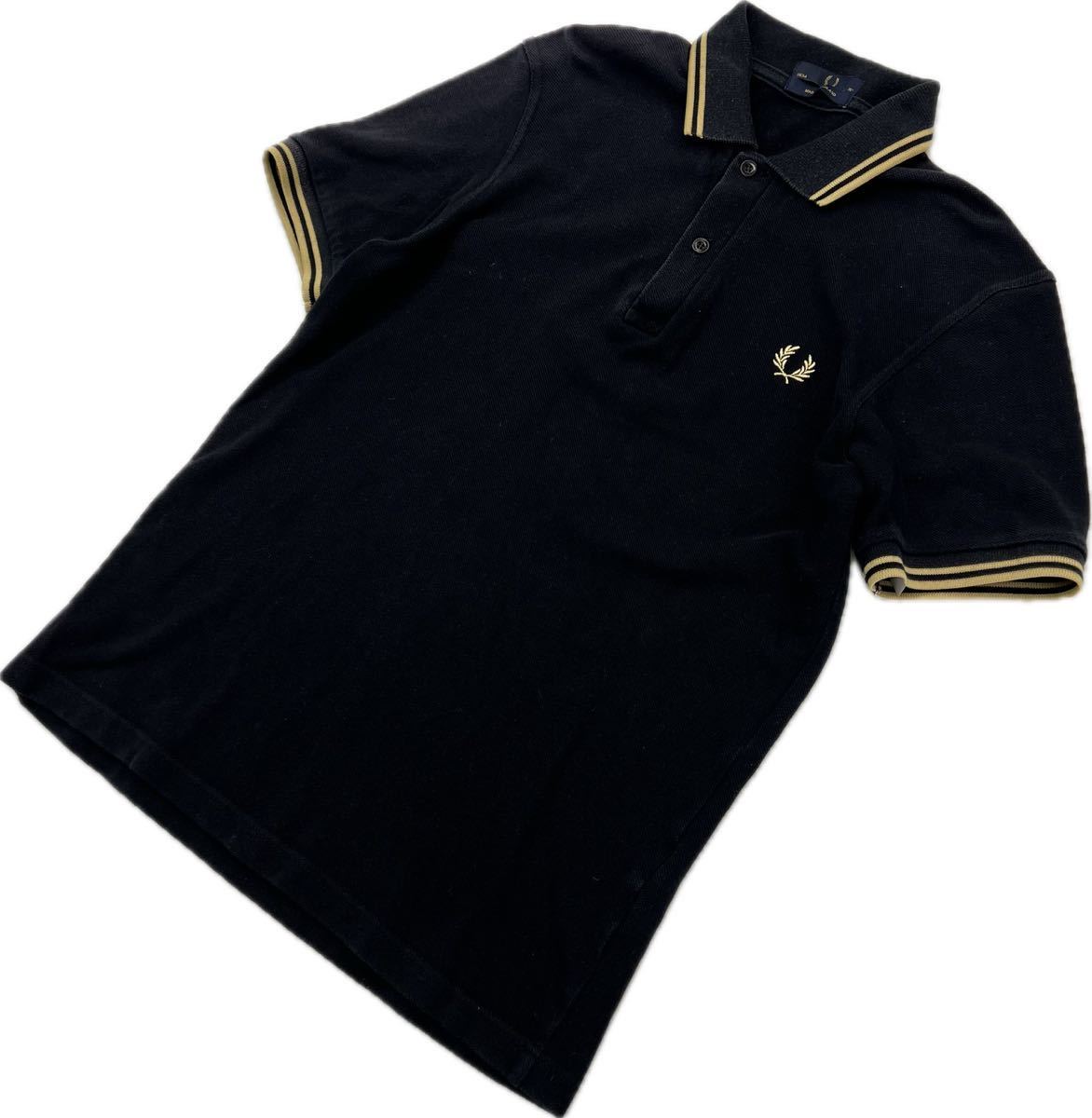 FRED PERRY ☆ イングランド製 ブラック 鹿の子 ポロシャツ 半袖 黒 36 春夏 UK ロック アメカジ 古着 人気 フレッドペリー フレペリ■BM78_画像1