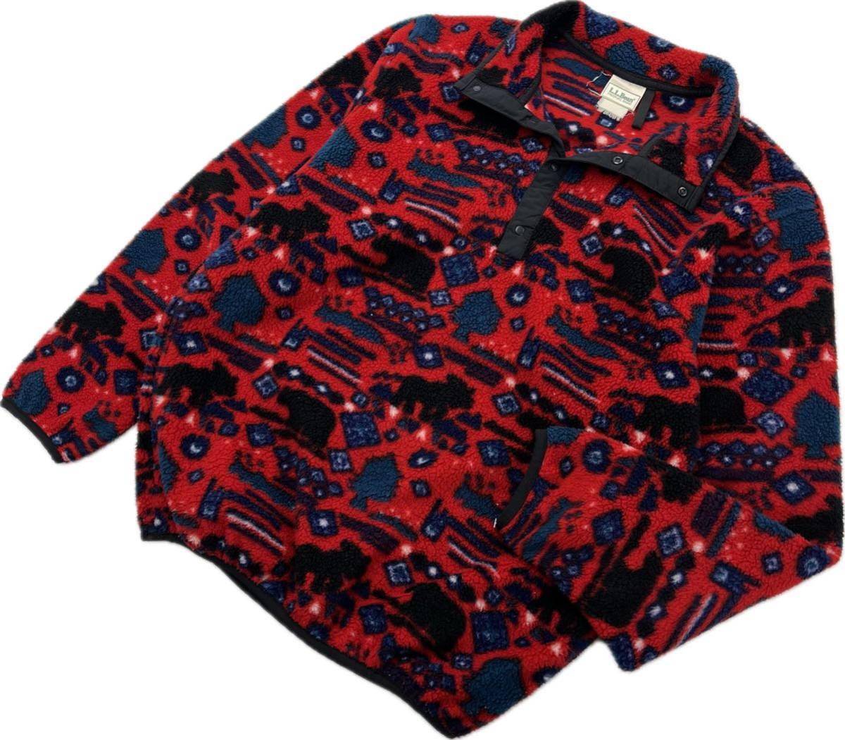 レビュー高評価の商品 総柄 アニマル ☆ L.L.Bean ☆ 90s レッド エルエルビーン■BL95 アウトドア SM相当 スナップボタン プルオーバー フリースジャケット 男性用
