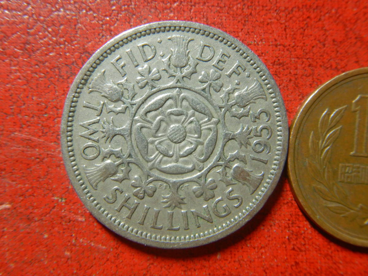 外国・イギリス／１フローリン（２シリング）白銅貨：チューダー家の薔薇（1953年）：発行枚数1,195.9万枚　240213_画像1