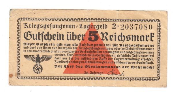 【ナチス鉤十字】第二次世界大戦ドイツ捕虜収容所紙幣 5ライヒスマルク（1939-44）[2866]_画像1