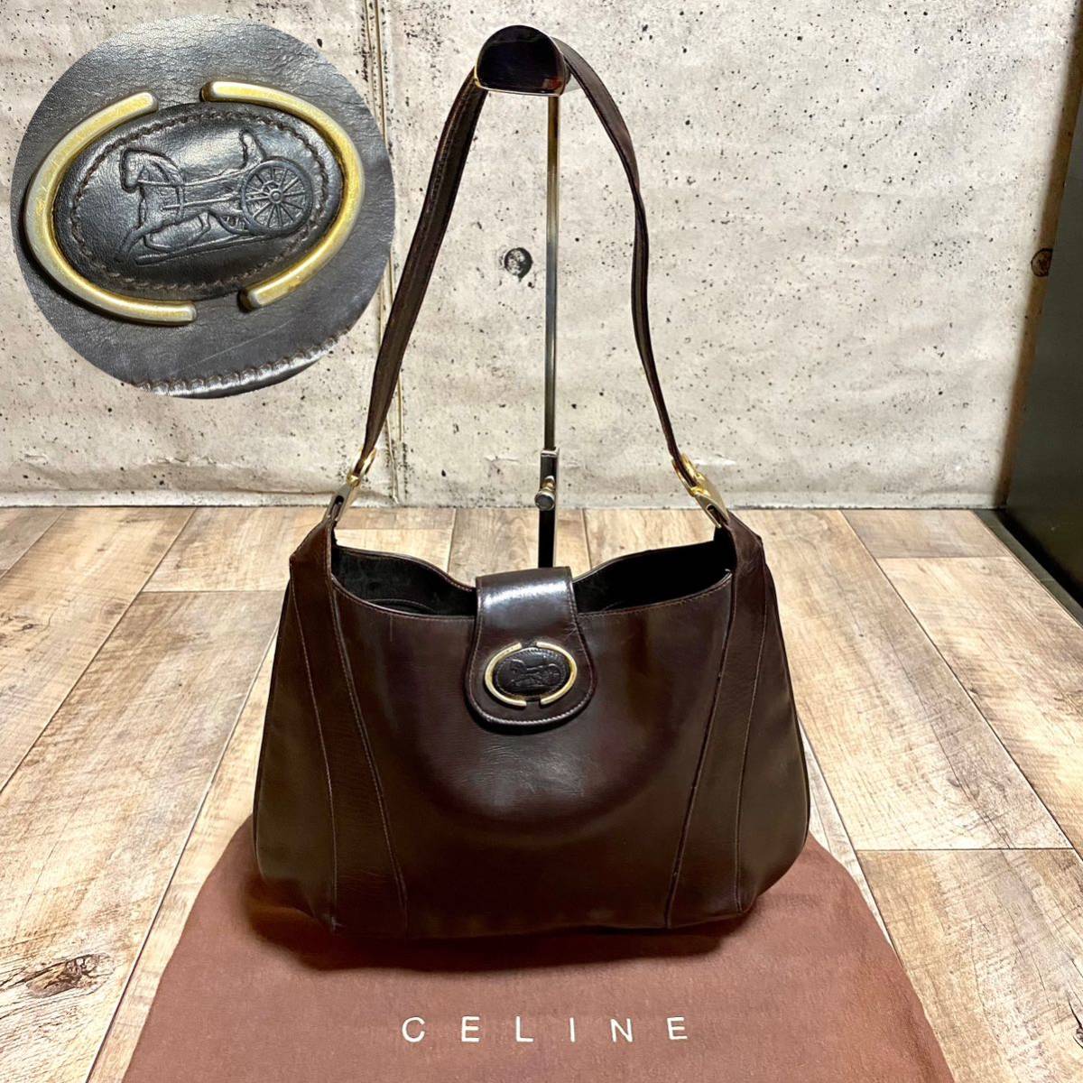 本物☆CELINE セリーヌ 馬車柄 レザー ワンショルダーバッグ ハンドバッグ ダークブラウン トートバッグ オールド ヴィンテージ レディース