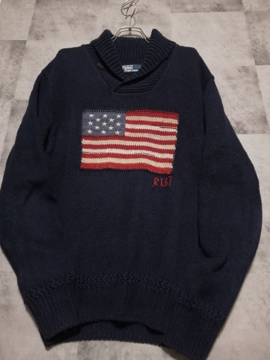 ポロラルフローレン　POLORALPHLAUREN 星条旗 ニット セーター M ネイビー コットン　ショールカラー　USA国旗柄　アメリカ国旗_画像1