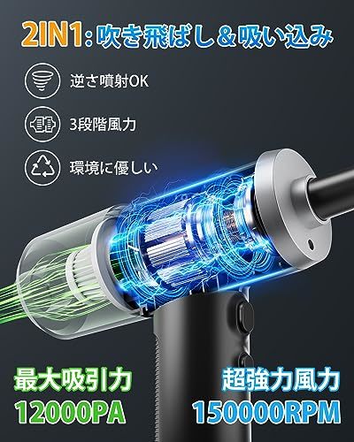 QUTOGO 電動エアダスター 強力 【吸い込み/吹き飛ばし】150000RPM 12000PA ブラシレスモーター 3段階風力調整 LEDライ_画像2