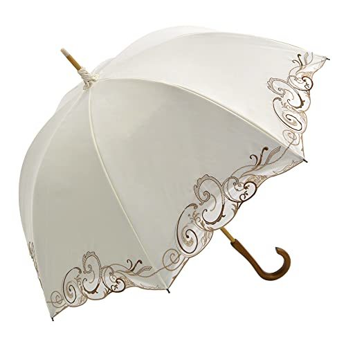 [シノワズリーモダン] 日傘 晴雨兼用 長傘 かわず張り １級遮光 UVカット 全面刺繍 レディース (ホワイト×ブラウ