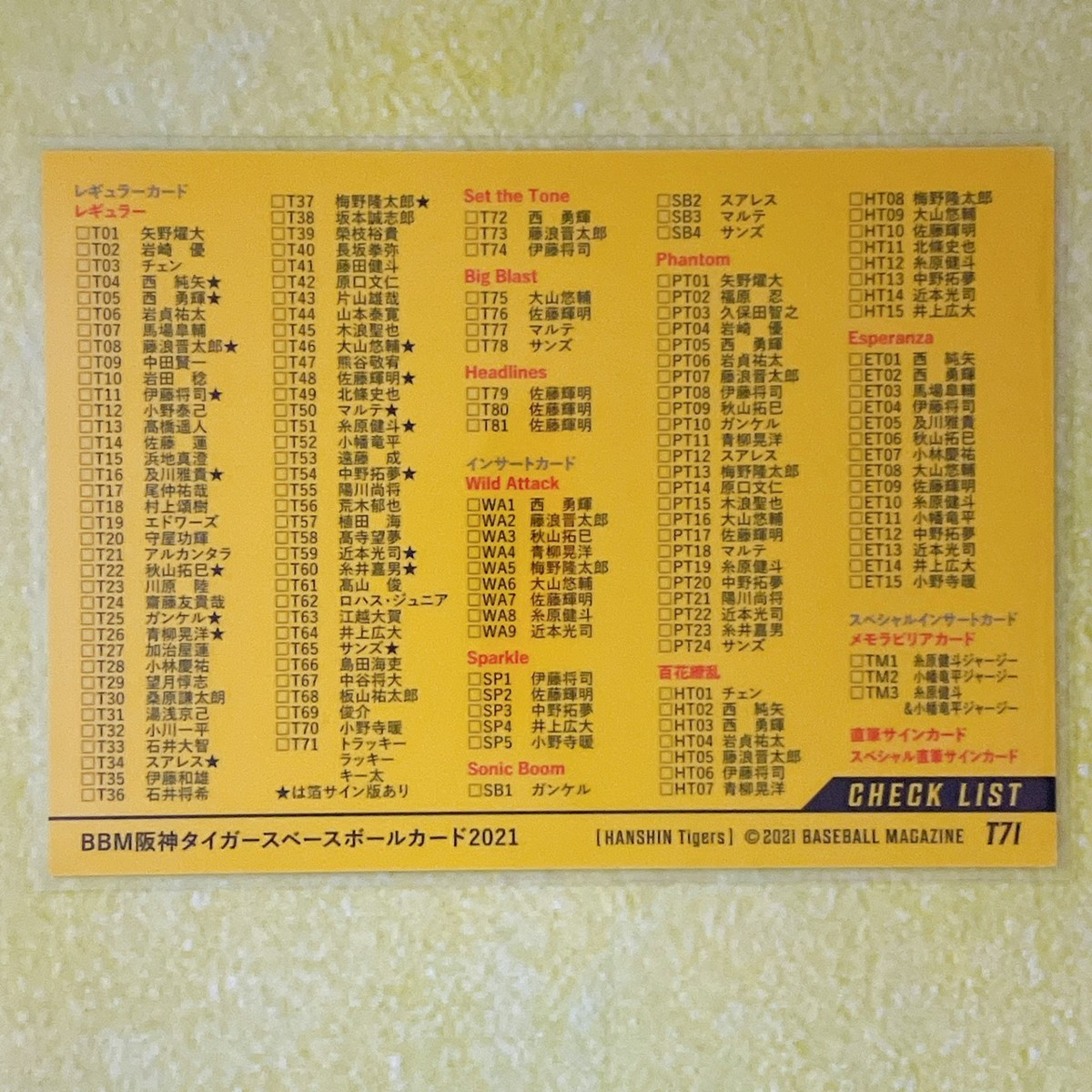 ☆ BBM2021 阪神タイガース レギュラーカード T71 ラッキー トラッキー キー太 チェックリスト ☆_画像2