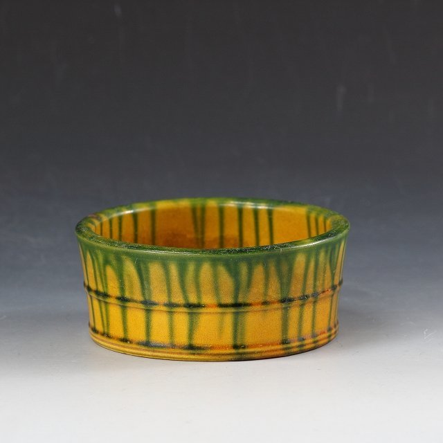 ◆◇名窯 淡路・珉平焼(Mimpei ware, Awaji Hyogo/ 明治~大正期) 二彩 桶形器 /花入 煎茶建水にも 箱なし ◇◆民藝/民芸 古美術 dy12945-h_画像1