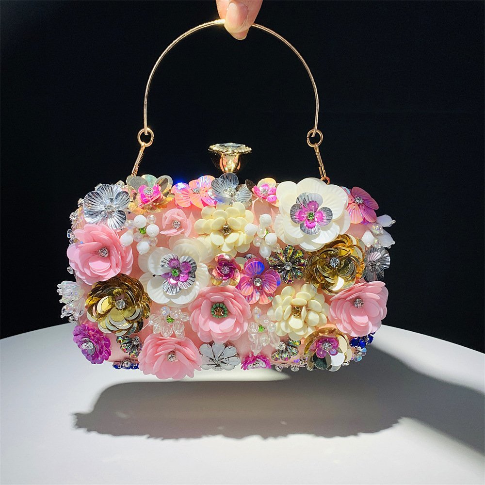 高級パーティーバッグ レディース 装飾ファッションクラッチバッグ 結婚式 花 メタルハンドル ギフトに最 財布ピンクbab003