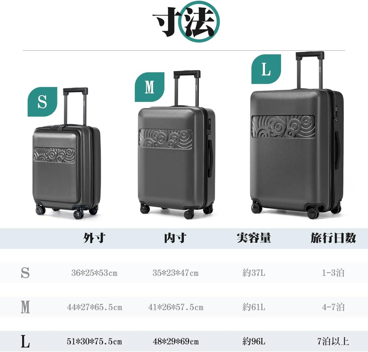 [Krute] キャリーケース スーツケース キャリーバッグ スーツケース 大型 TSAロック搭載(Mサイズ/4～7泊/61L/託送必要,ダークグレー)_画像5