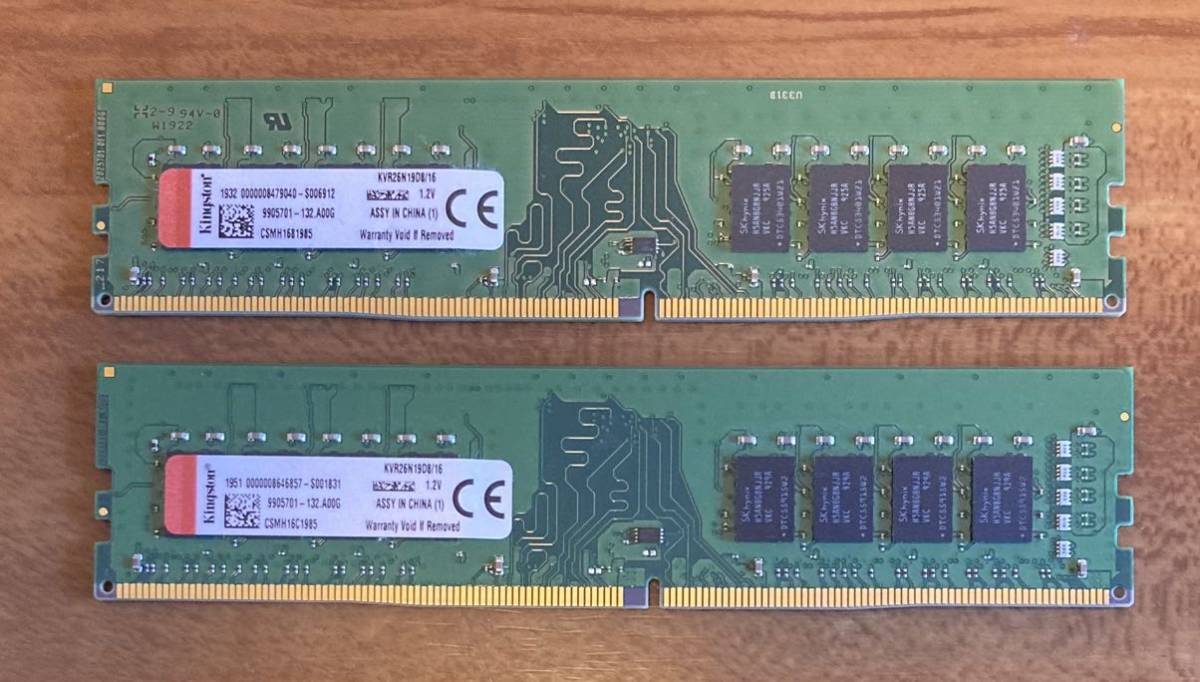 メモリ 32GB (16GB x2) 動作品 デスクトップPC用 Kingston KVR26N19D8/16 キングストン DDR4 2666 CL19 1.2V Non-ECC DIMM 288pin_画像1