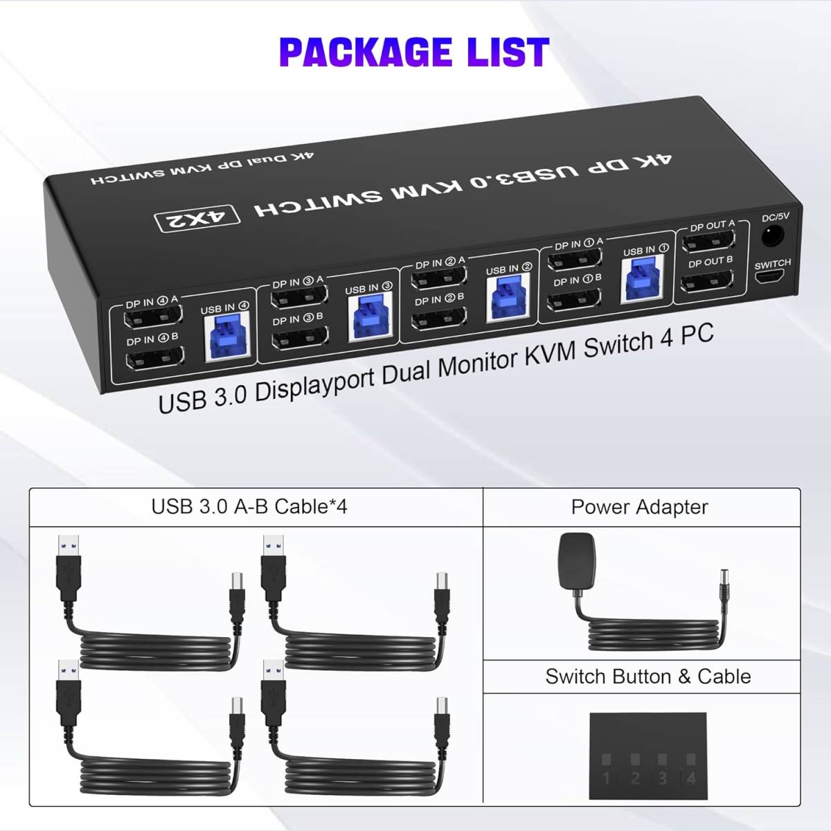 4 ポート USB 3.0 Displayportデュアル モニター KVMスイッチ ディスプレイ切替器 Displayportモニター4PC 分配器_画像4