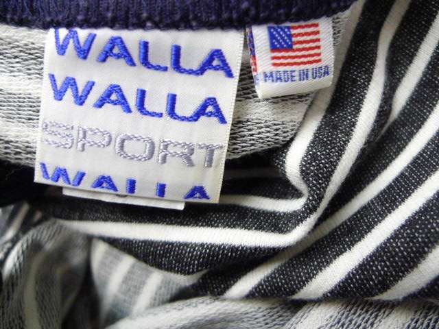 ◆WALLA WALLA SPORT ワラワラスポーツ USA製 ボーダー ラグランスリーブ カットソー 長袖 ７分袖 Tシャツ ロンT パープルホワイト サイズSの画像3