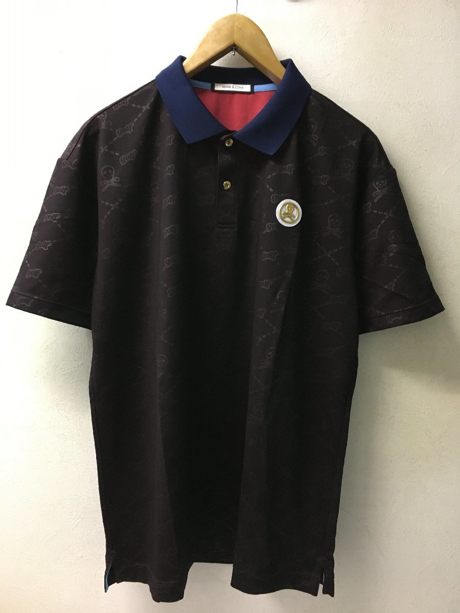 ◆MARK&LONA マークアンドロナ 美品 2021 21ss Ruler Polo　MLM-1C-AP08　総柄 スカル ドライ ポロシャツ 茶系 サイズ50_画像1