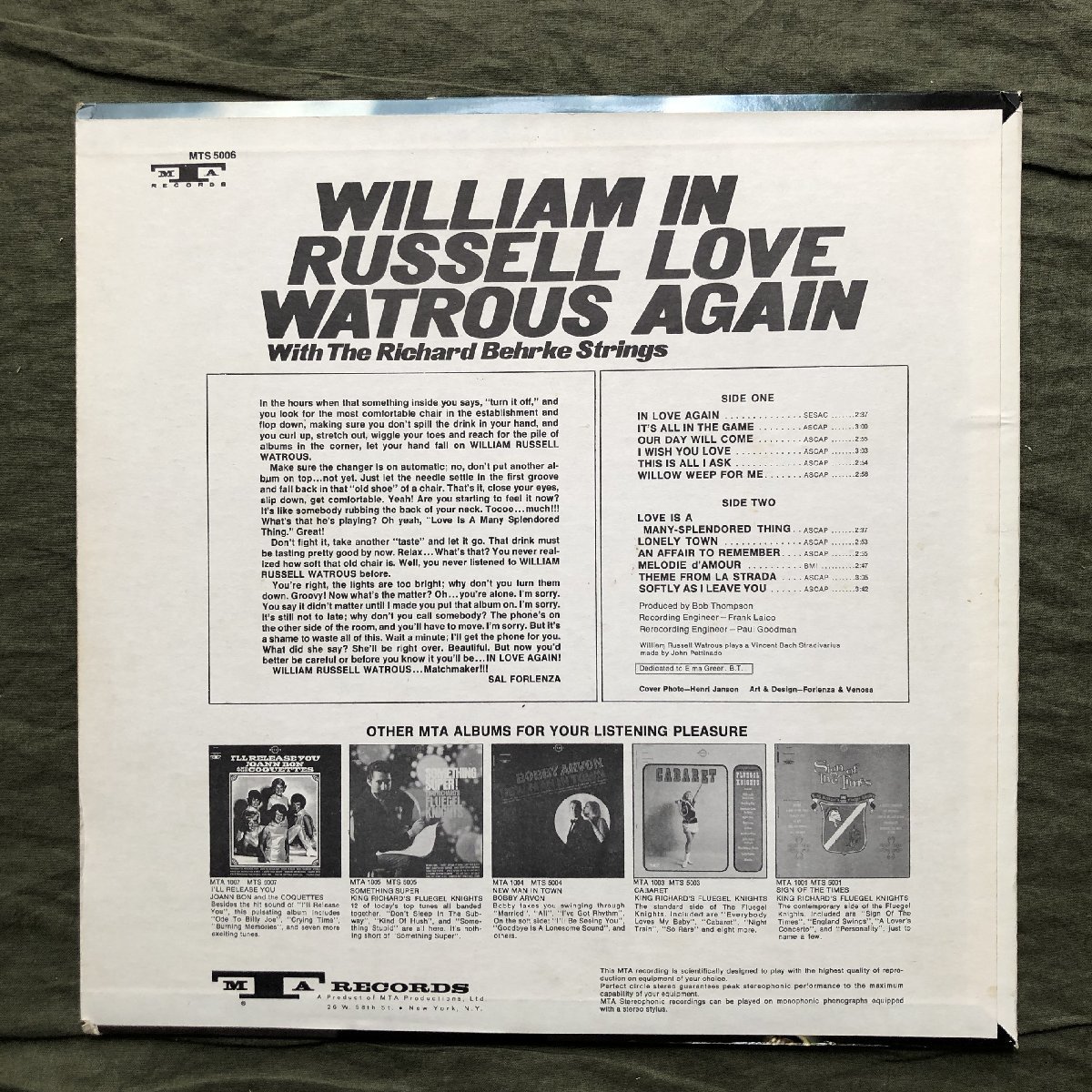 原信夫Collection 傷なし美盤 激レア 1968年 米国 本国初盤 William Russell Watrous LPレコード In Love Again_画像2