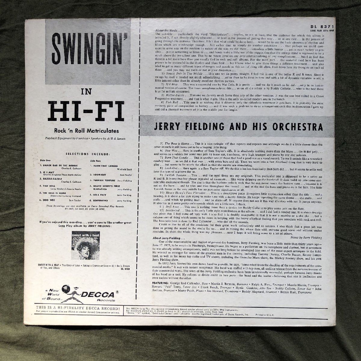 原信夫Collection 良盤 激レア 1956年 米国本国オリジナルリリース盤 Jerry Fielding LPレコード Swingin' In Hi-Fi: George Red Callender_画像2