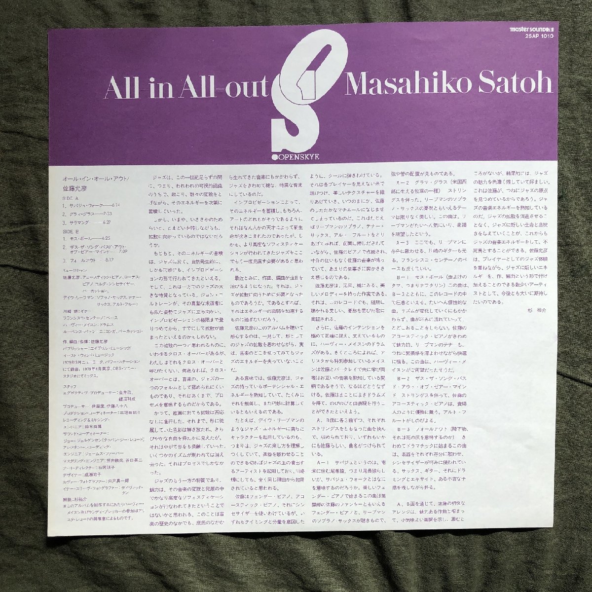 原信夫Collection 傷なし美盤 良ジャケ レア盤 プロモ盤 高音質MASTER SOUND 1979年 佐藤允彦 LPレコード All-In All-Out Harvey Masonの画像7