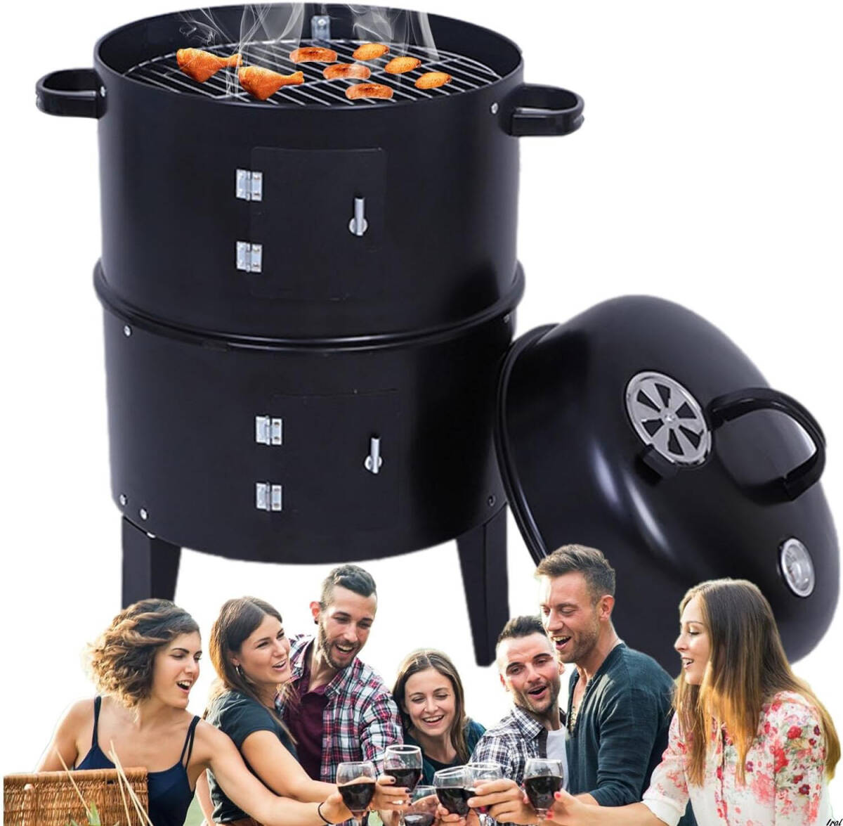 ブラック　燻製器　炭　炭燻製器　アウトドア　バーベキュー　BBQ　温度計付き　木炭ストーブ　お手入れ簡単　料理　燻製