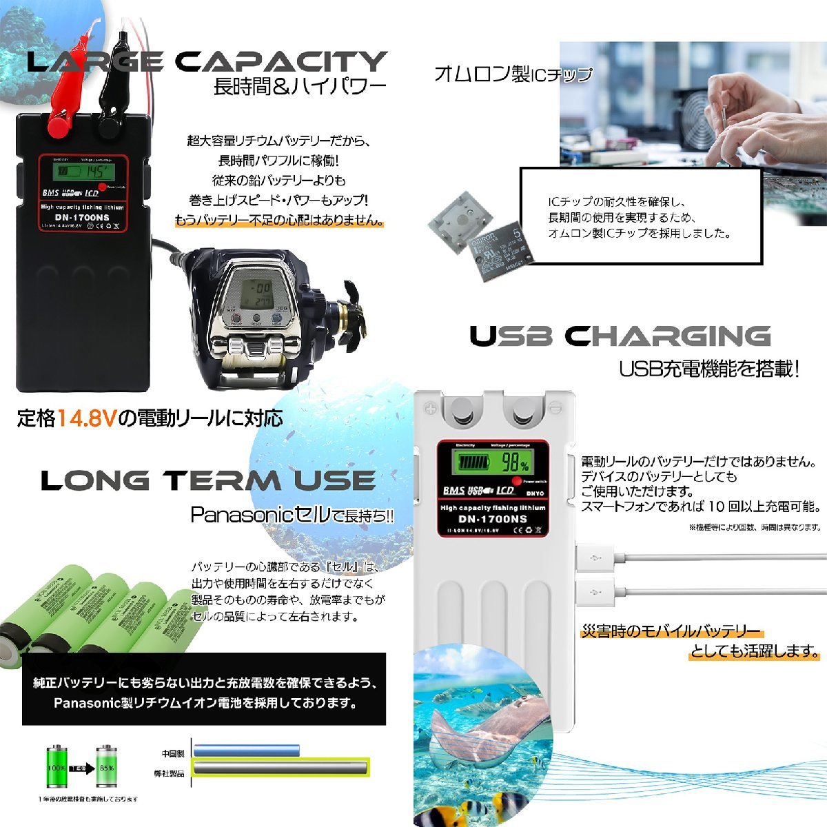 【送料無料・1年保証】ダイワ シマノ 電動リール 大容量 10400mAh スーパー リチウム バッテリー カバー 充電器 白 14.8V パナソニックセル_画像2