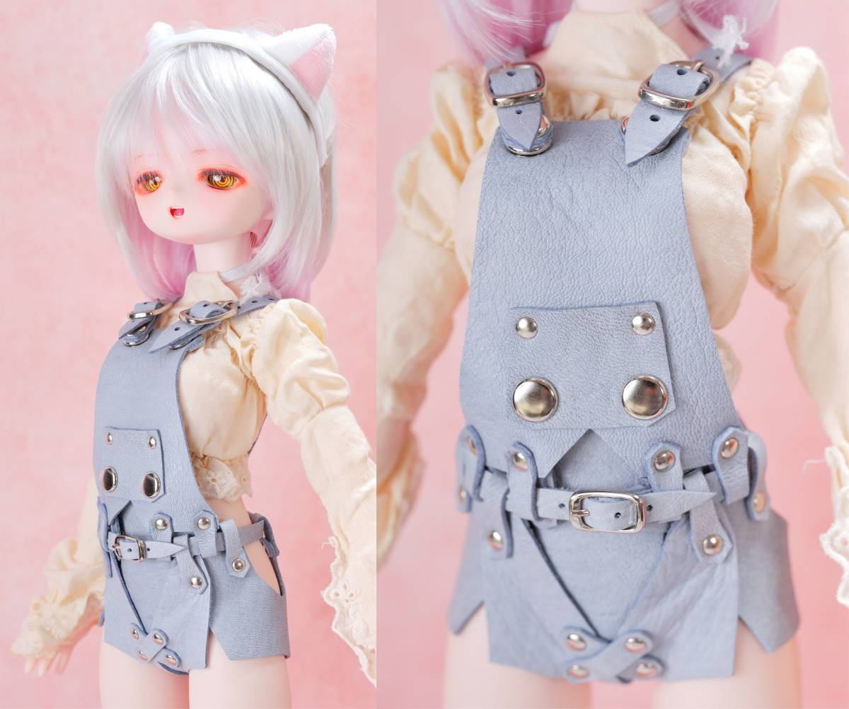 千葉DOLL工房 組み換え式 1/3ドール MDD 専用 MDD2.0対応型 レザー サロペット エプロン 短パン 前掛け 本革製 水色 銀 S、M、L胸対応_画像3