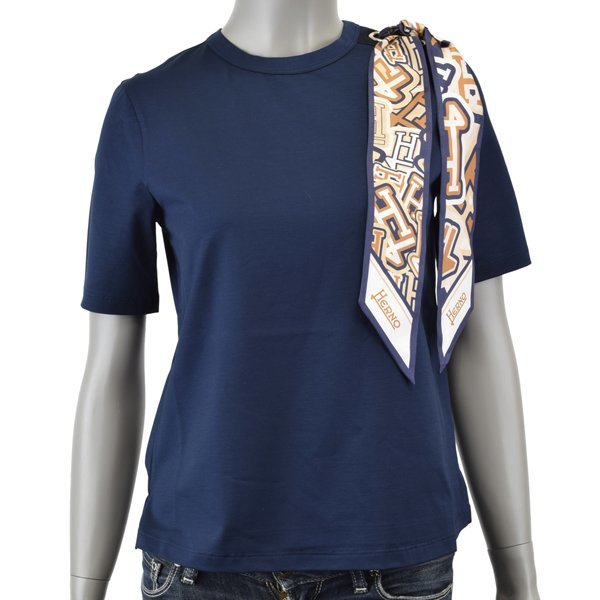 新品【42サイズ】HERNO ヘルノ BUBBLE スカーフ SUPERFINE COTTON STRETCH Tシャツ/ネイビー/JG000185D 52003 9200