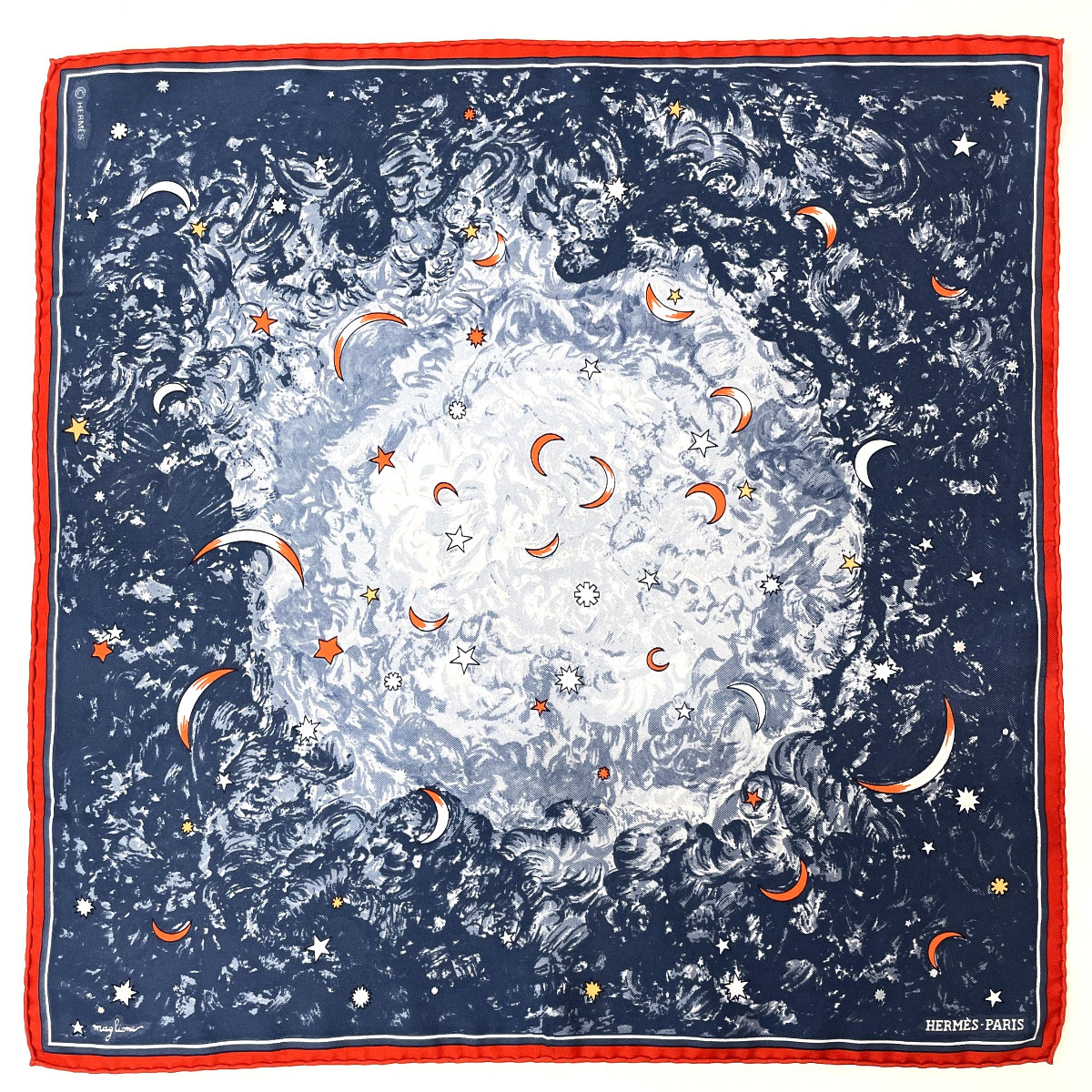 お気にいる 月 Etoiles des l'Annee 正方形 スカーフ プチカレ HERMES エルメス 星 保存箱付き ネイビー シルク100% スカーフ