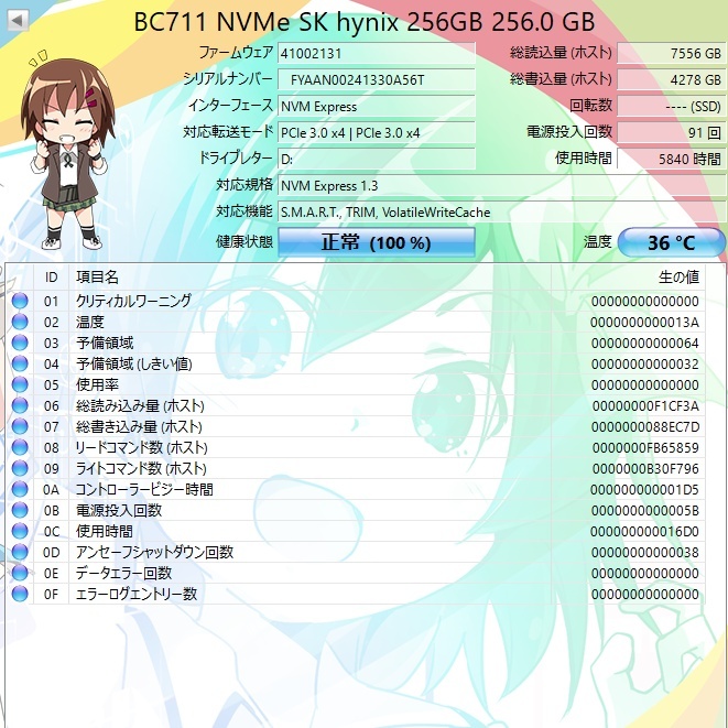 【中古】M.2 SSD 256GB SK hynix BC711 [PCIe3.0×4 NVMe 2230]