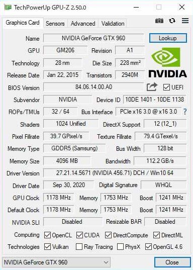 win10(認証済み)/i7-3770(4コア8スレ)/GTX960(4GB)/ブルーレイDVD/メモリ24GB/SSD128GB/HDD 1TB/動作確認済の自作PC・ジャンク扱い品です。_GPU-Zの状態です。