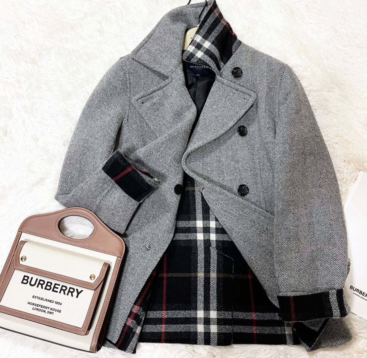 大きいサイズ 超美品 バーバリー BURBERRY バーバリーロンドン ウールコート ピーコート カシミヤ混 ダブルフェイス ヘリンボーン40_画像2