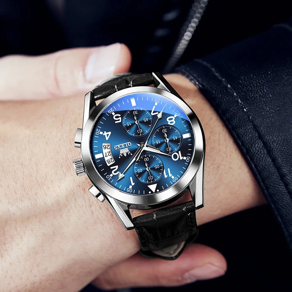 OLEVS メンズ 腕時計 2878 高品質 クオーツ カジュアル ビジネス ファッション レザー ウォッチ クロノグラフ 時計 シルバー × ブルー_画像3