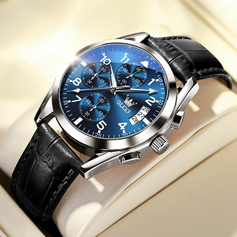 OLEVS メンズ 腕時計 2878 高品質 クオーツ カジュアル ビジネス ファッション レザー ウォッチ クロノグラフ 時計 シルバー × ブルー_画像1