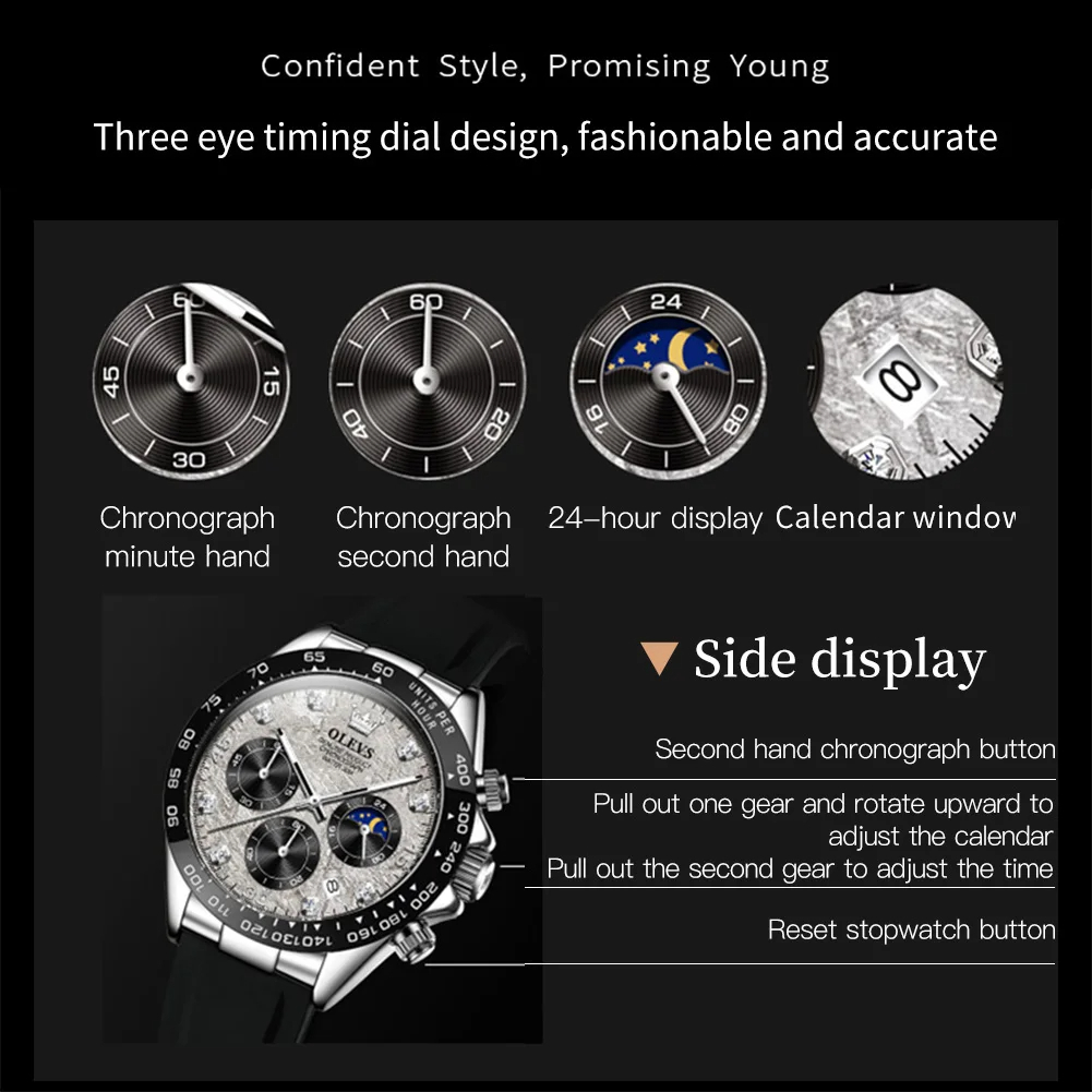 OLEVS メンズ 腕時計 2875 高品質 クオーツ カジュアル スポーツ 時計 シリコン バンド ウォッチ シルバー × グレー_画像3