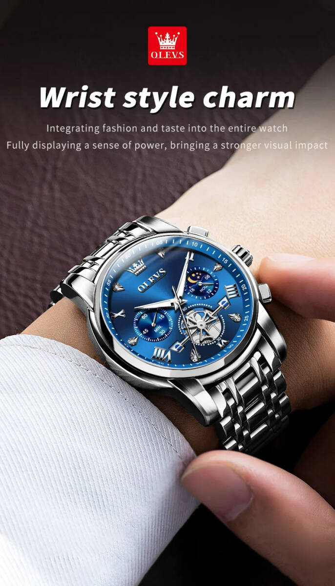 OLEVS メンズ 腕時計 2856 高品質 クオーツ カジュアル スポーツ ビジネス 時計 ステンレス クロノグラフ ウォッチ シルバー × ブルー_画像2