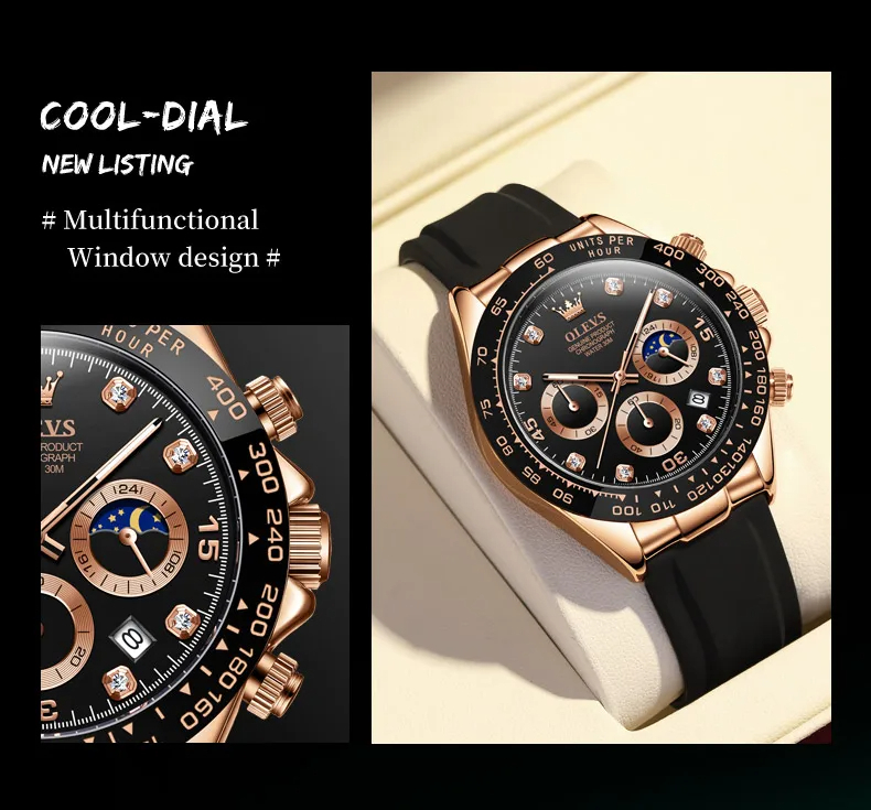 OLEVS メンズ 腕時計 2875 高品質 クオーツ カジュアル スポーツ 時計 シリコン バンド ウォッチ ゴールド × ブラック_画像5