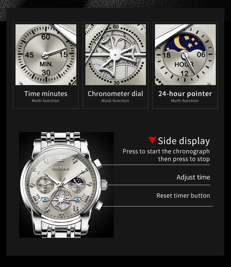 OLEVS メンズ 腕時計 2856 高品質 クオーツ カジュアル スポーツ ビジネス 時計 ステンレス クロノグラフ ウォッチ シルバー × ブルー_画像4