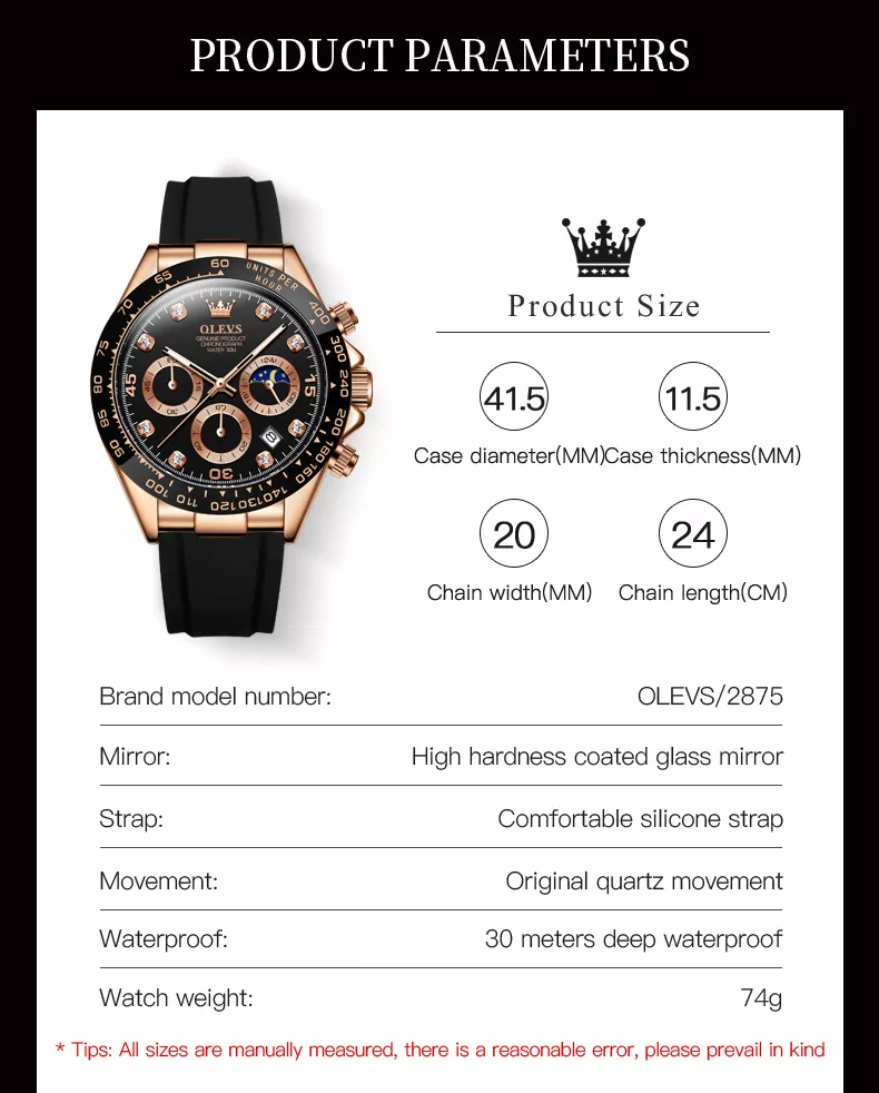 OLEVS メンズ 腕時計 2875 高品質 クオーツ カジュアル スポーツ 時計 シリコン バンド ウォッチ ゴールド × ブラック_画像4