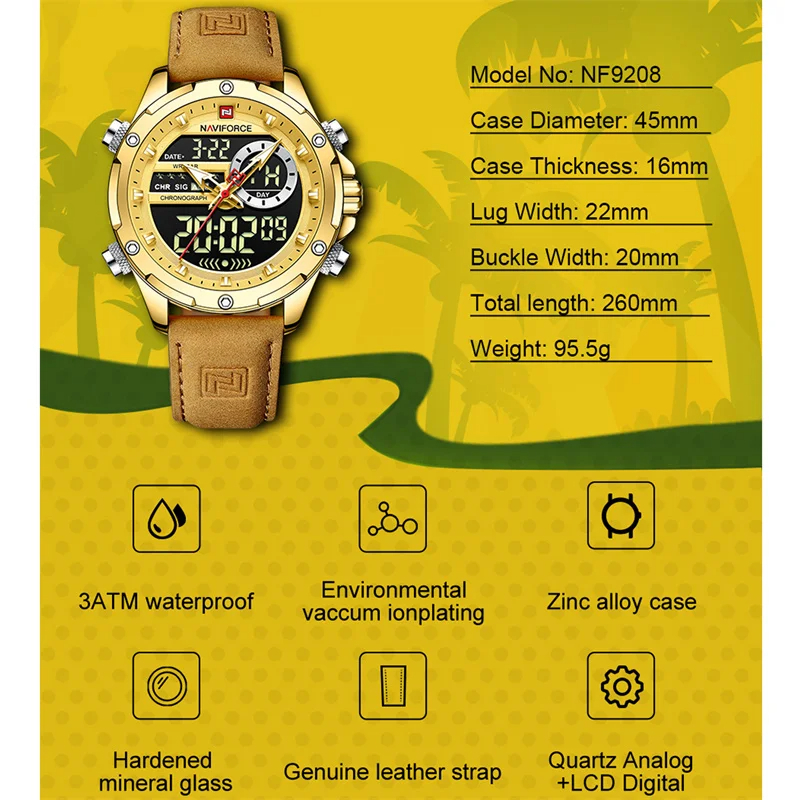 Naviforce メンズ クオーツ 腕時計 9208 高品質 カジュアル スポーツ クロノグラフ ウォッチ レザー バンド 時計 ゴールド × グリーン_画像2
