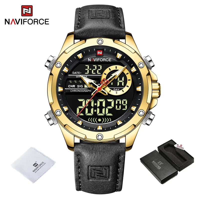 Naviforce メンズ クオーツ 腕時計 9208 高品質 カジュアル スポーツ クロノグラフ ウォッチ レザー バンド 時計 ゴールド × ブラック_画像1