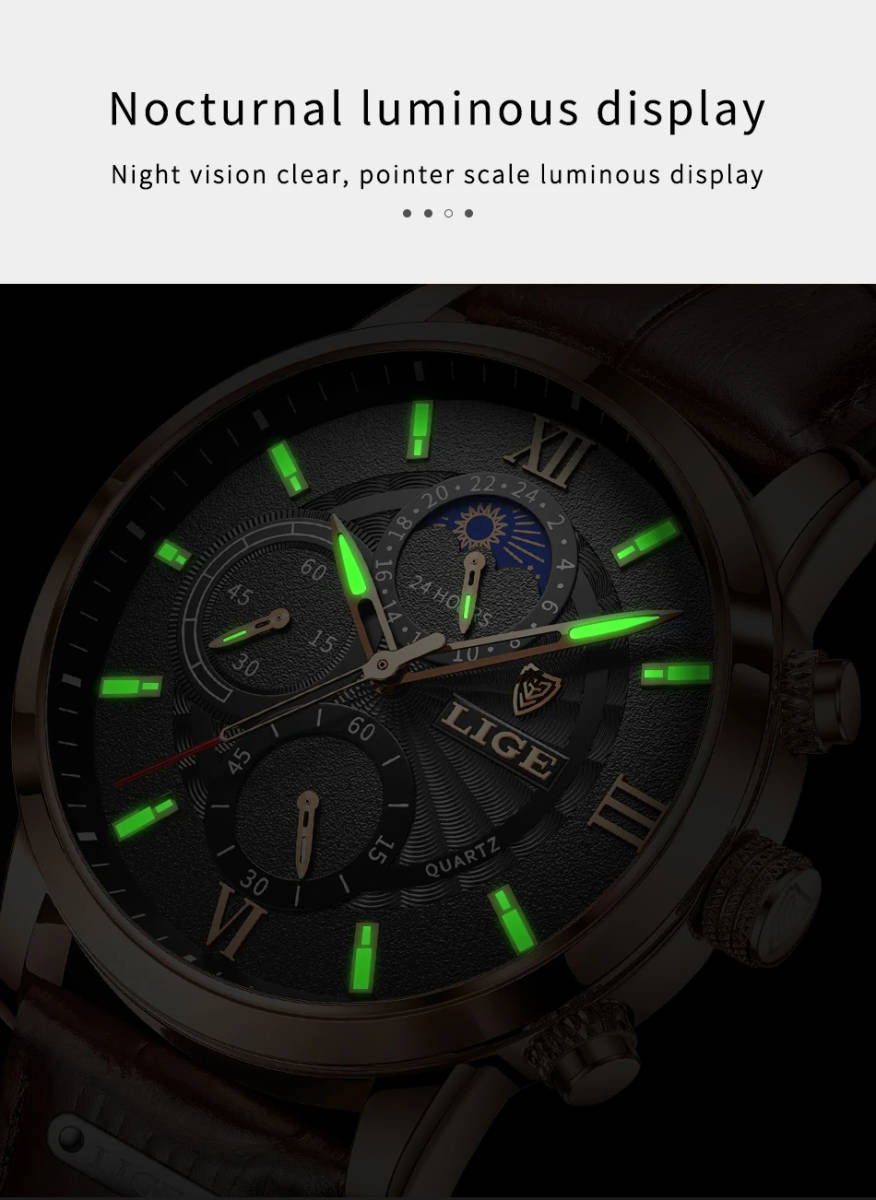 LIGE メンズ クオーツ 腕時計 高品質 ビジネス ウォッチ カジュアル スポーツ クロノグラフ レザー 時計 シルバー × ブラック_画像5