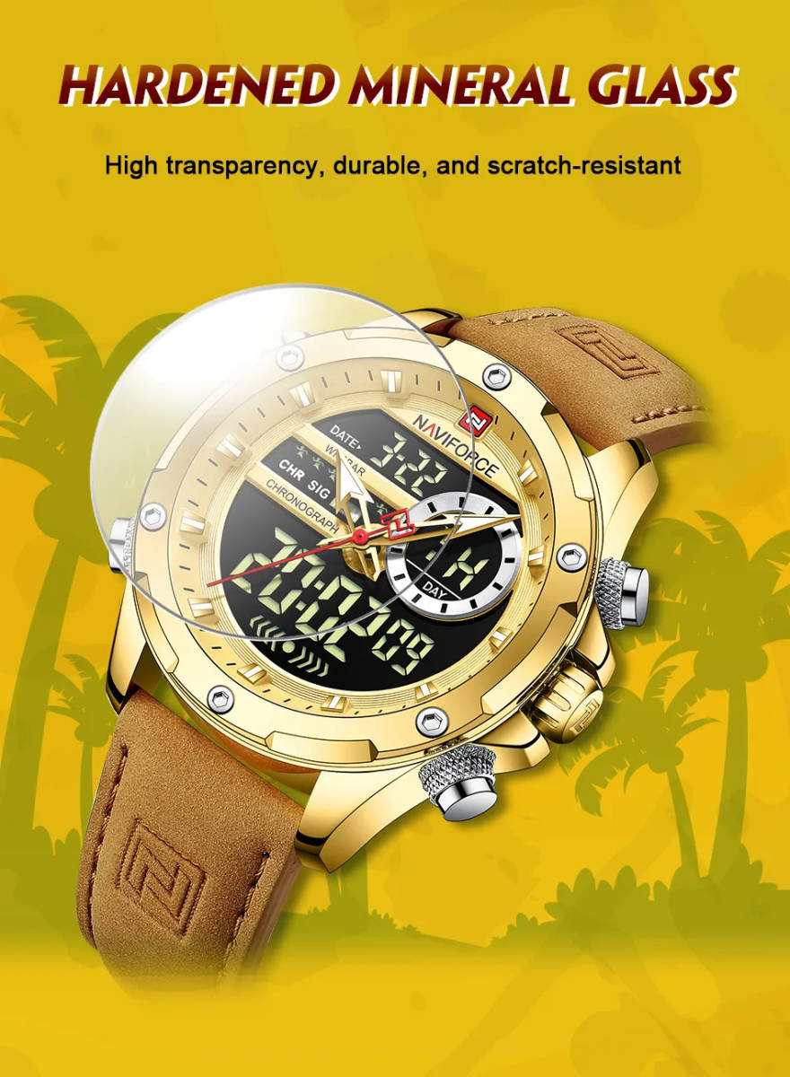 Naviforce メンズ クオーツ 腕時計 9208 高品質 カジュアル スポーツ クロノグラフ ウォッチ レザー バンド 時計 シルバー × グリーン_画像4