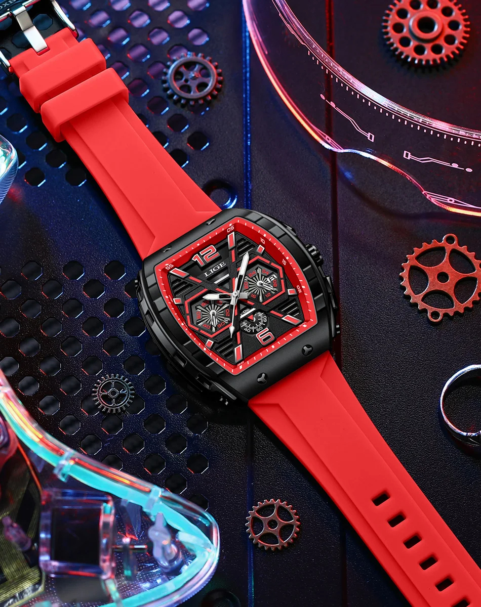 LIGE メンズ クオーツ 腕時計 高品質 カジュアル スポーツ LG89108 クロノグラフ ウォッチ シリコン 生活防水 時計 レッド × ブラック_画像10