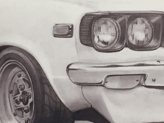 マツダ MAZDA サバンナ RX-3　【鉛筆画】名車 旧車 イラスト A4サイズ 額付き サイン入り_画像2