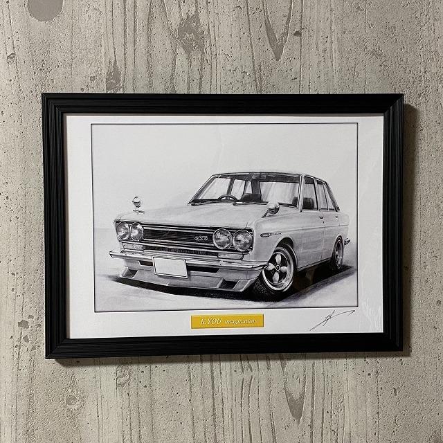  Nissan NISSAN 510 Bluebird [ pencil sketch ] famous car old car illustration A4 size amount attaching autographed 
