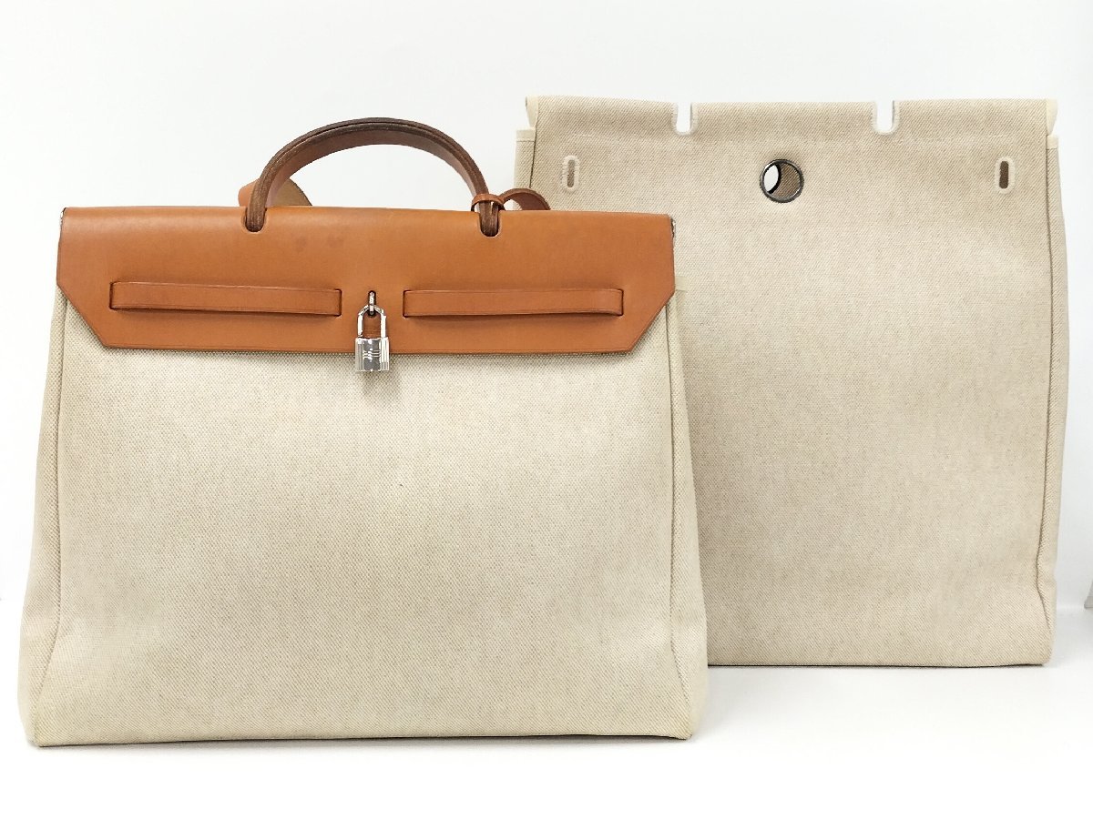 ●エルメス HERMES エールバッグMM ハンドバッグ トワルアッシュコーティング キャンバス キャメル □C刻印[Jコレ]TA 219/ddの画像2