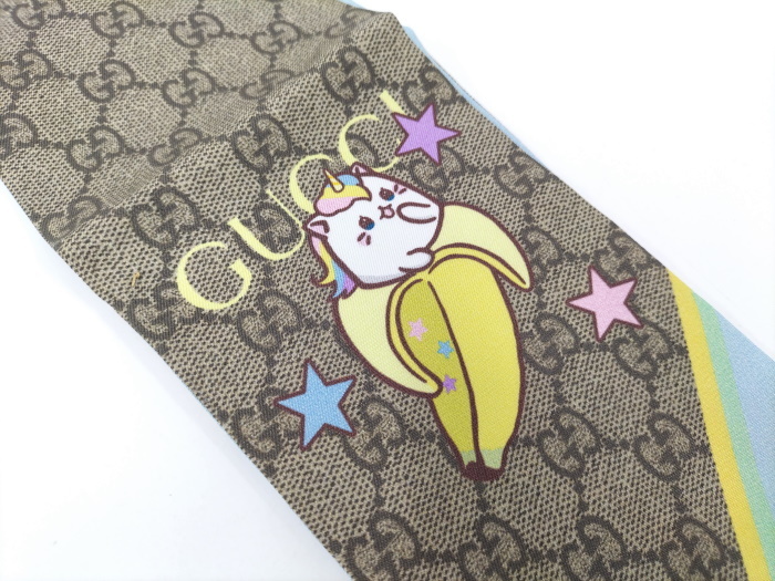 【中古】GUCCI ばなにゃコラボ タイスカーフ ベーシュ ライトブルー 704141_画像3