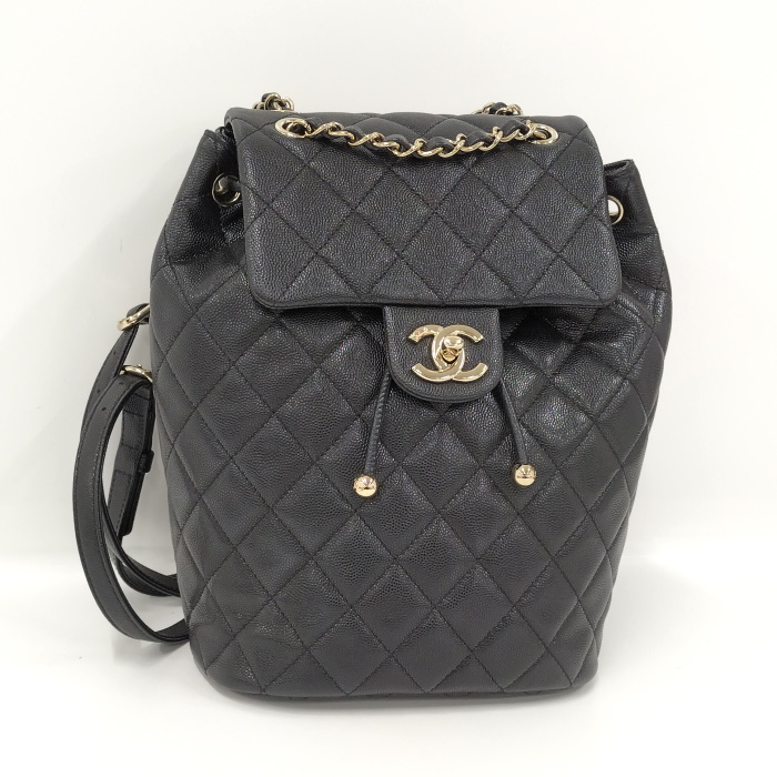 【中古】CHANEL リュックサック ロゴ ココマーク キャビアスキン ブラック AS4058